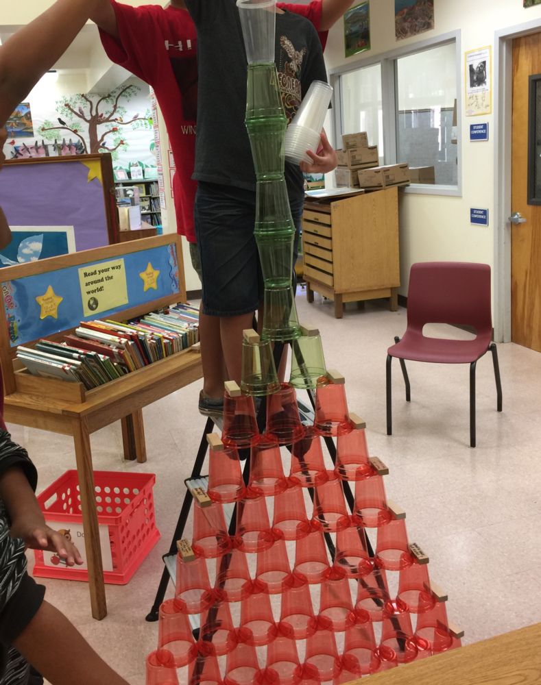 Students building with cups